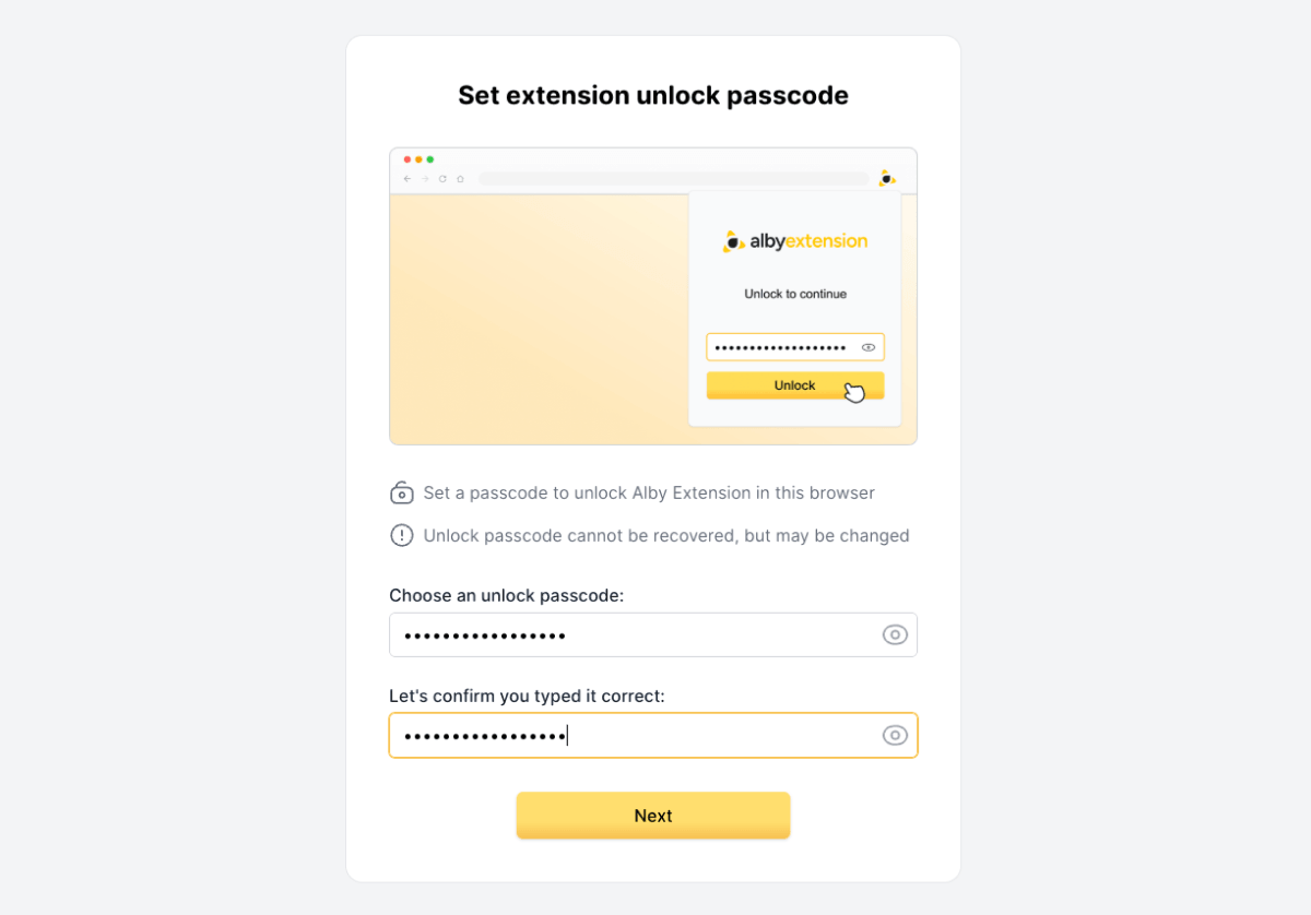 Screenshot of unlocking Alby