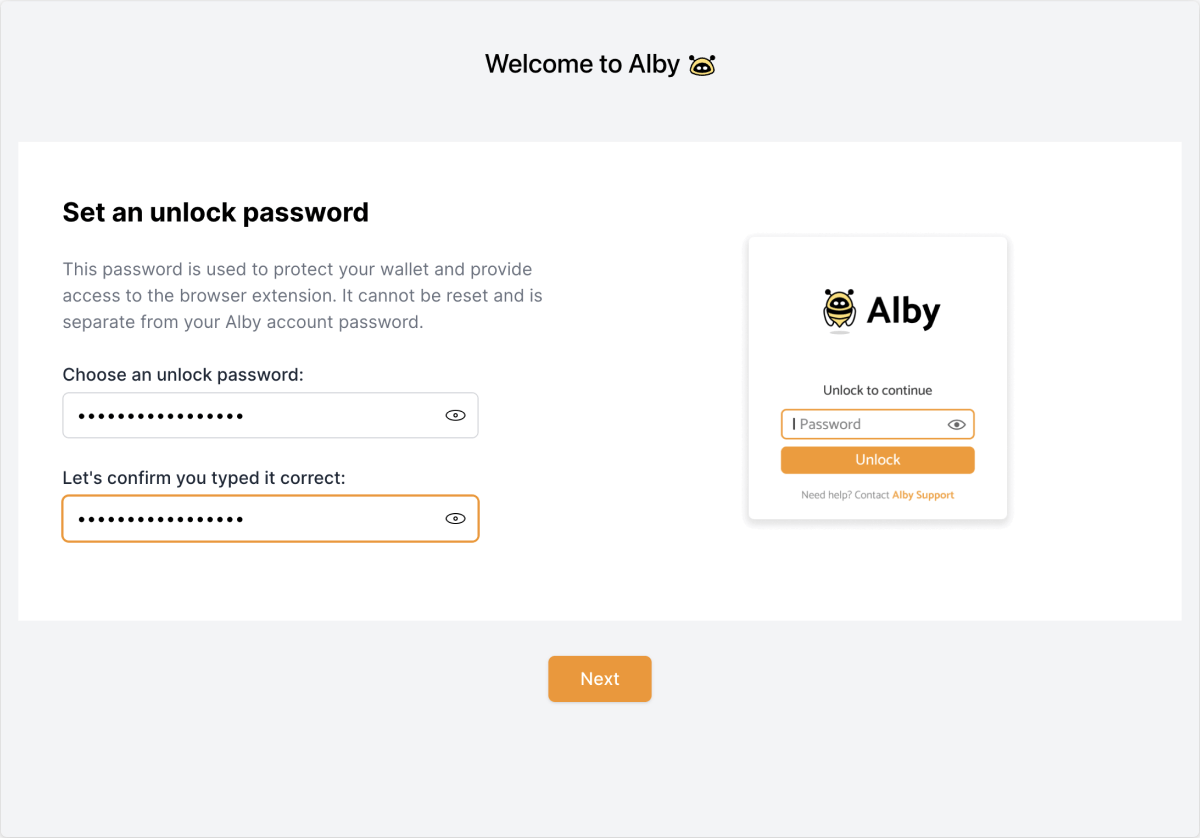 Screenshot of unlocking Alby